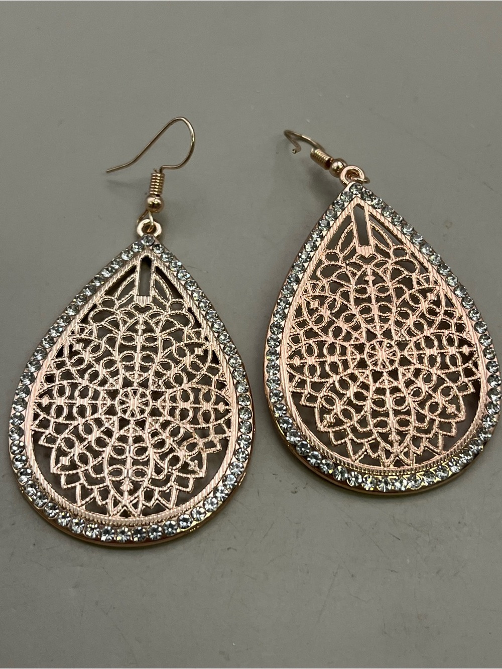 Rose Gold Filigree Teardrop Dangle Earrings Rhinestone Crystal Statement